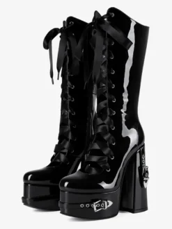 Bottes noires hautes à plateforme et boucle lacets et talons épais