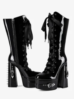 Bottes noires hautes à plateforme et boucle lacets et talons épais