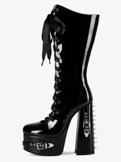Bottes noires hautes à plateforme et boucle lacets et talons épais