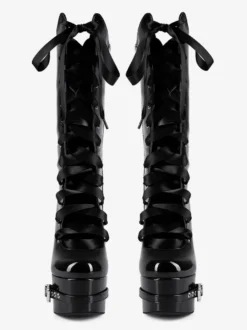 Bottes noires hautes à plateforme et boucle lacets et talons épais