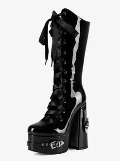 Bottes noires hautes à plateforme et boucle lacets et talons épais