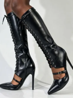 Bottes noires montantes pour femmes bout pointu boucle lacets