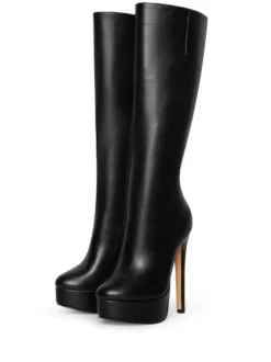 Bottes noires à plateforme et talons hauts à bout rond