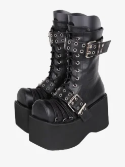 Bottes épaisses gothiques Lolita en cuir PU à bout rond chaussures Lolita bordeaux