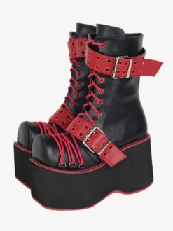 Bottes épaisses gothiques Lolita en cuir PU à bout rond chaussures Lolita bordeaux