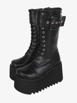 Bottes épaisses gothiques Lolita noires en cuir PU à bout rond chaussures Lolita