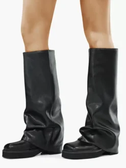 Bottes plates en daim pour femmes à bout rond froncées montantes jusqu'au genou.