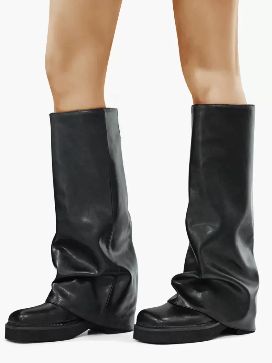 Bottes plates en daim pour femmes à bout rond froncées montantes jusqu'au genou.