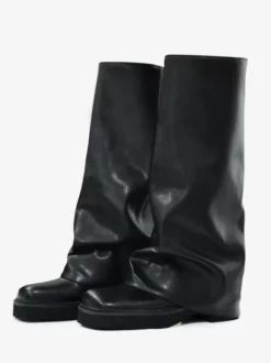 Bottes plates en daim pour femmes à bout rond froncées montantes jusqu'au genou.