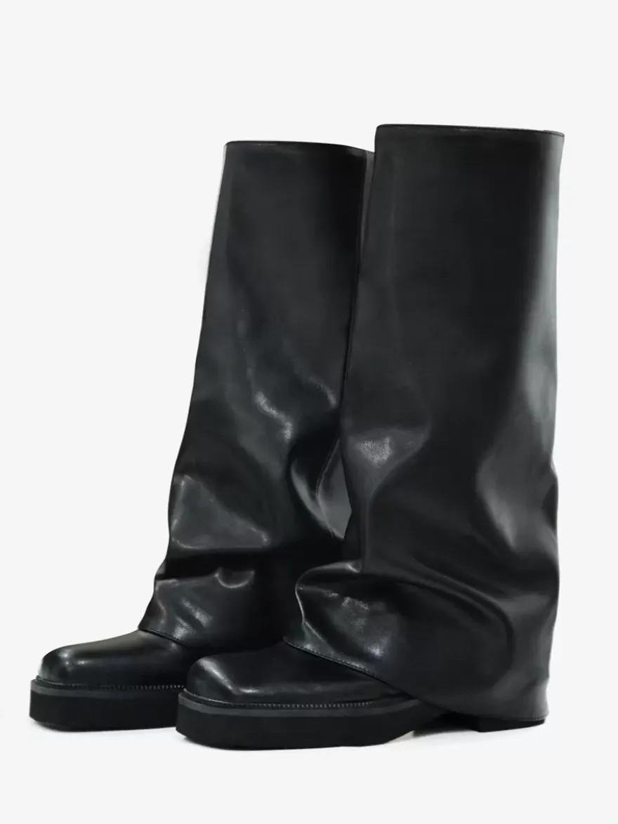 Bottes plates en daim pour femmes à bout rond froncées montantes jusqu'au genou.