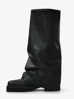 Bottes plates en daim pour femmes à bout rond froncées montantes jusqu'au genou.