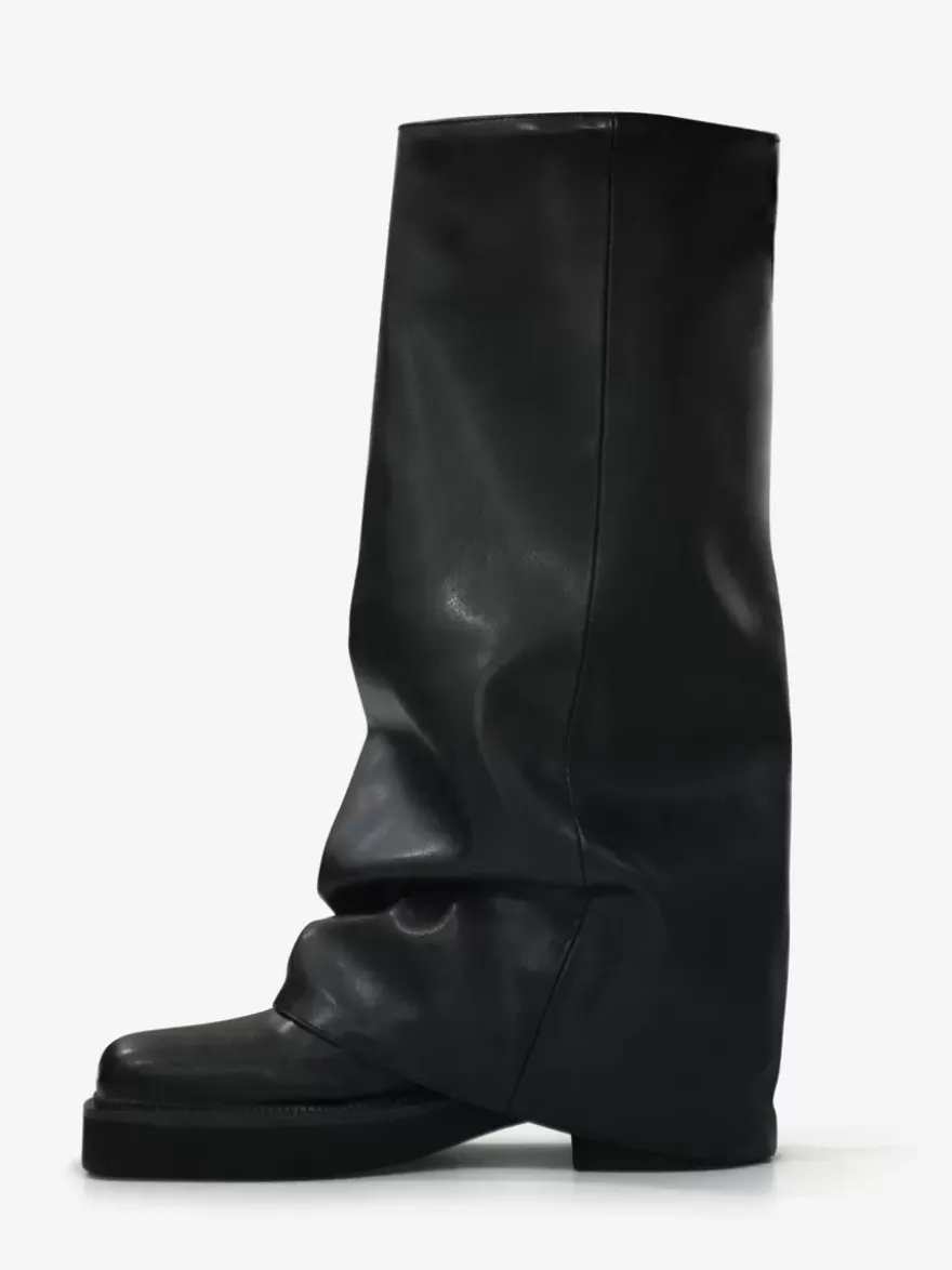 Bottes plates en daim pour femmes à bout rond froncées montantes jusqu'au genou.