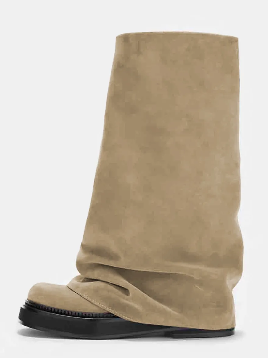 Bottes plates en daim pour femmes à bout rond froncées montantes jusqu'au genou.