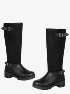 Bottes plates marron pour femmes bout rond détails à boucle hauteur genou