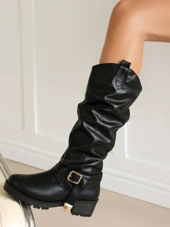 Bottes plates pour femmes bout rond détails froncés bottes hautes jusqu'aux genoux