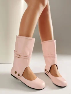 Bottes plates roses à bout rond et boucle pour femmes