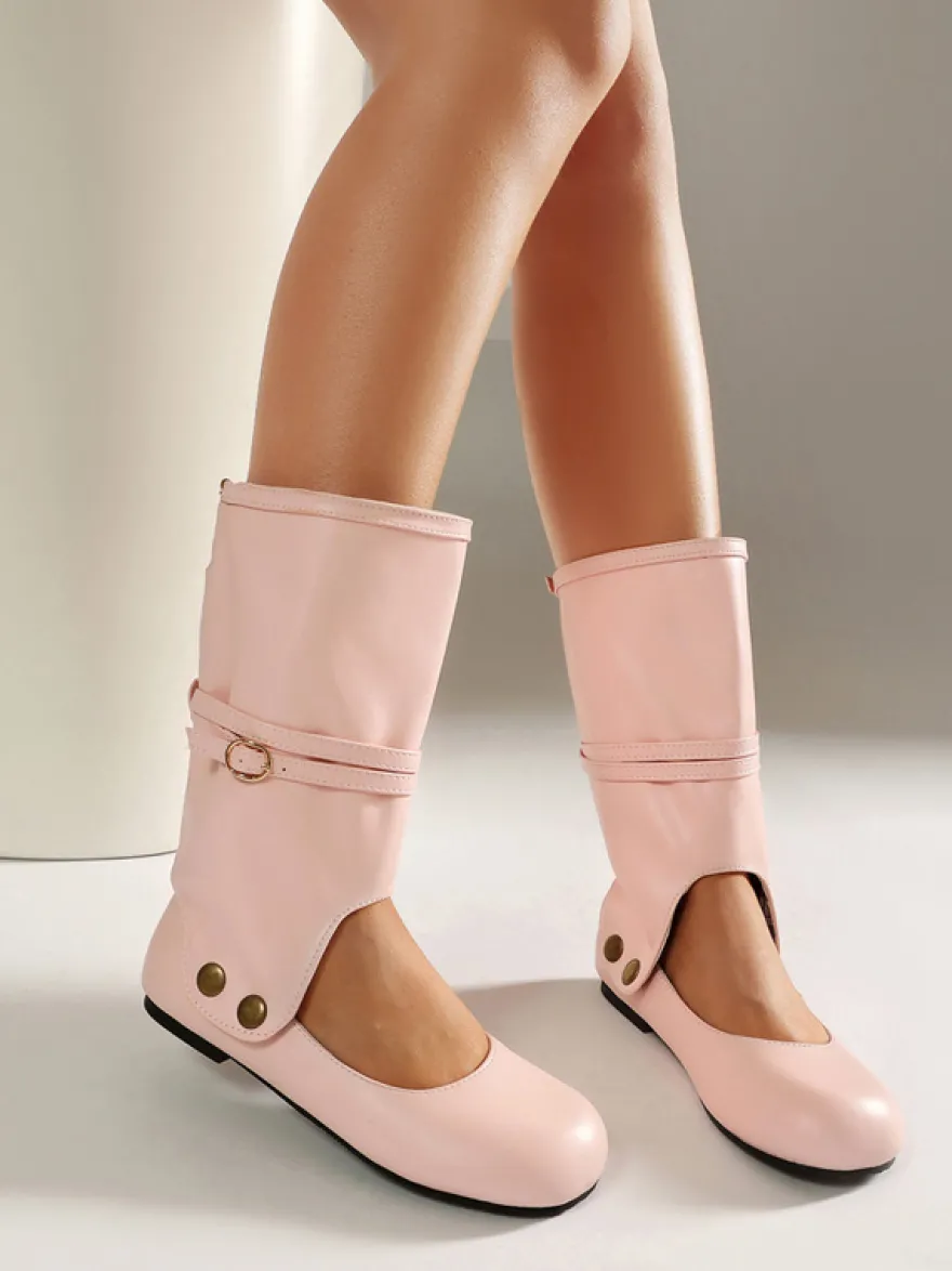 Bottes plates roses à bout rond et boucle pour femmes
