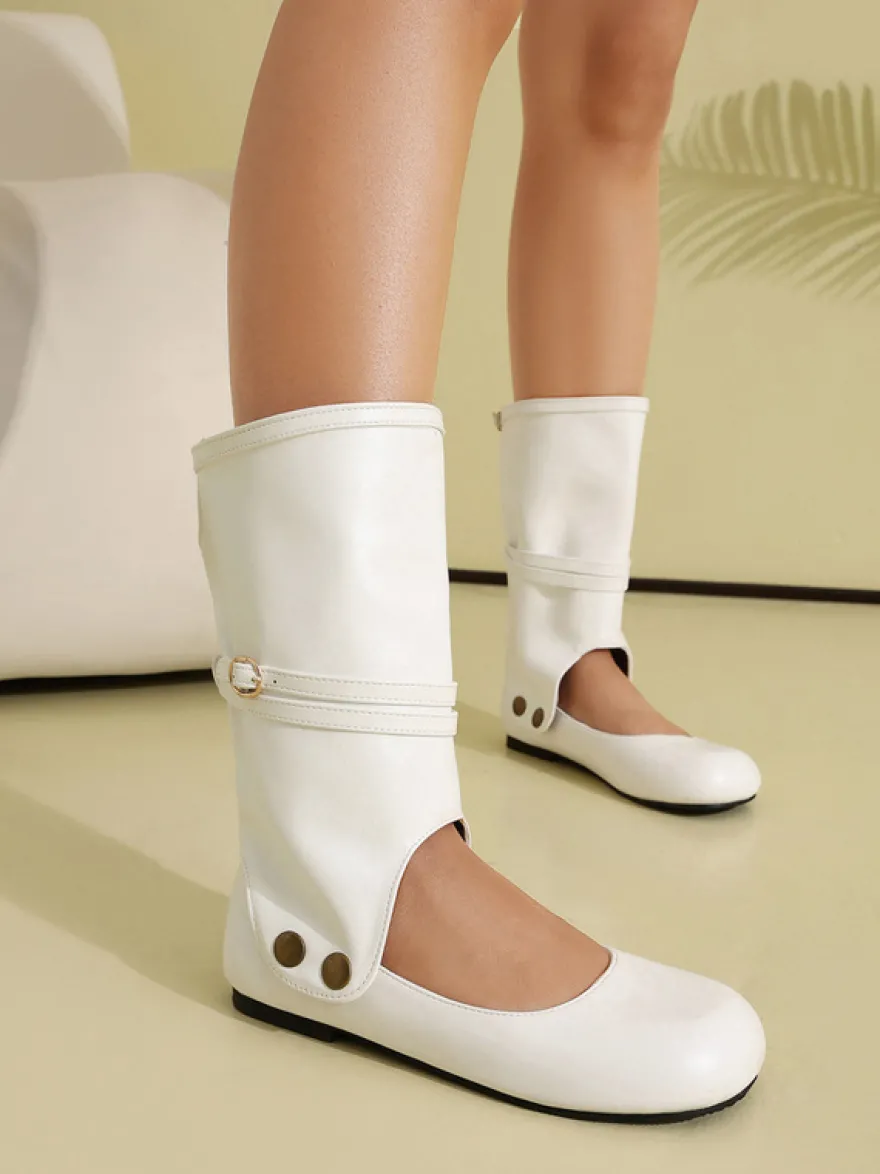 Bottes plates roses à bout rond et boucle pour femmes