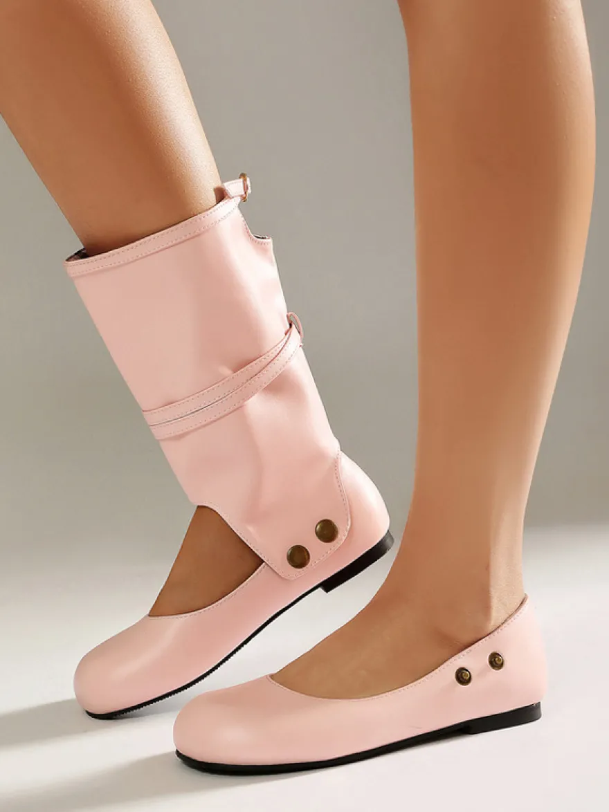 Bottes plates roses à bout rond et boucle pour femmes