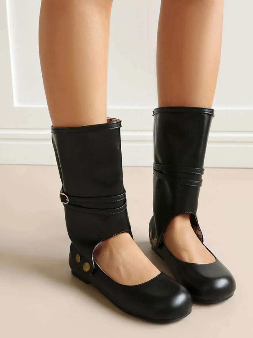 Bottes plates roses à bout rond et boucle pour femmes