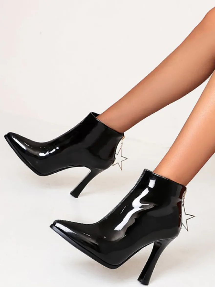 Bottes pour femmes Oragnge en cuir noir bout pointu bottines à talons épais