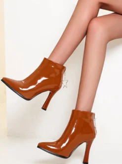 Bottes pour femmes Oragnge en cuir noir bout pointu bottines à talons épais