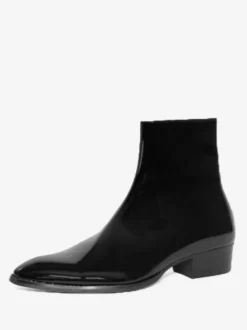 Bottes pour hommes noires vernies à bout pointu et talon bas bottes de bal à fermeture éclair en cuir