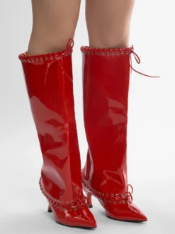 Bottes rouges à mollet large pour femmes bottes hautes à bout pointu et talon chaton