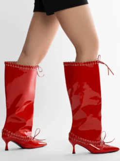 Bottes rouges à mollet large pour femmes bottes hautes à bout pointu et talon chaton