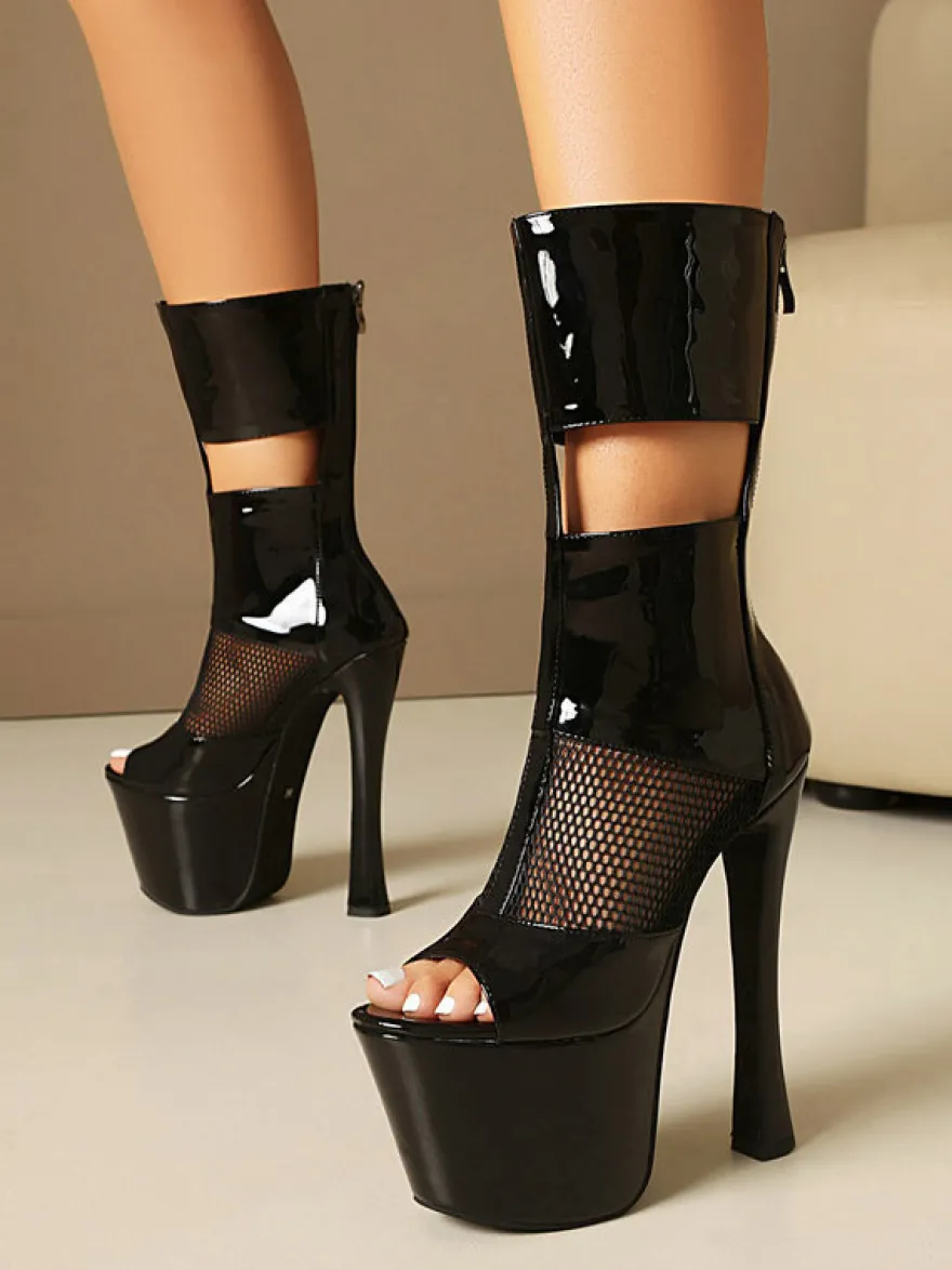 Bottes sandales noires sexy à plateforme et bout ouvert en maille patchwork zippée à talons hauts