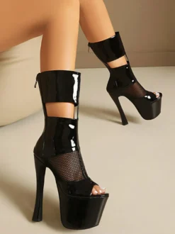 Bottes sandales noires sexy à plateforme et bout ouvert en maille patchwork zippée à talons hauts