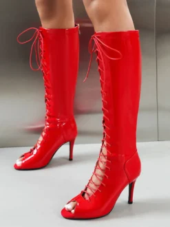 Bottes sandales noires à talons hauts bottes hautes à lacets et bout ouvert