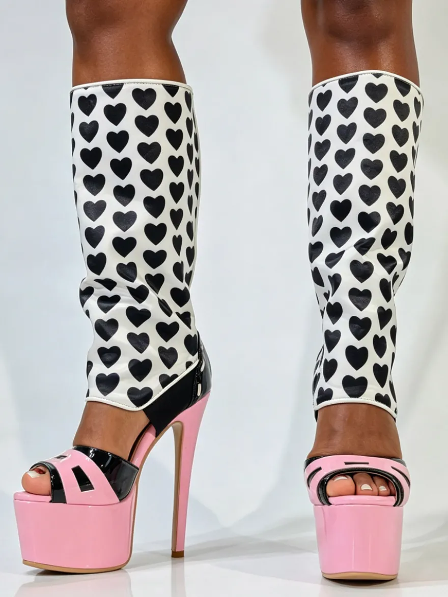 Bottes sandales roses à talons hauts plateforme bout ouvert imprimées montantes jusqu'aux genoux