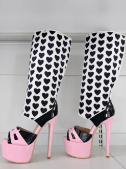 Bottes sandales roses à talons hauts plateforme bout ouvert imprimées montantes jusqu'aux genoux