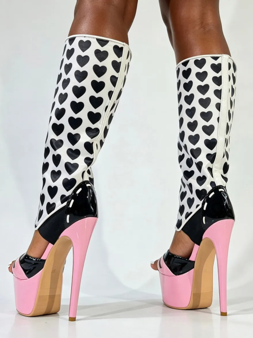 Bottes sandales roses à talons hauts plateforme bout ouvert imprimées montantes jusqu'aux genoux