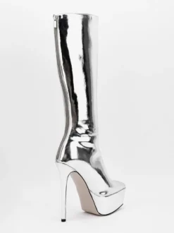 Bottes sexy argentées à plateforme bout pointu talon aiguille bottes mi-mollet pour femmes