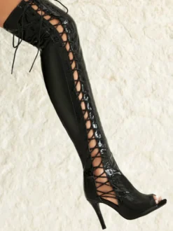 Bottes sexy rouges au-dessus du genou bout ouvert lacets talons hauts sandales au dessus du genou