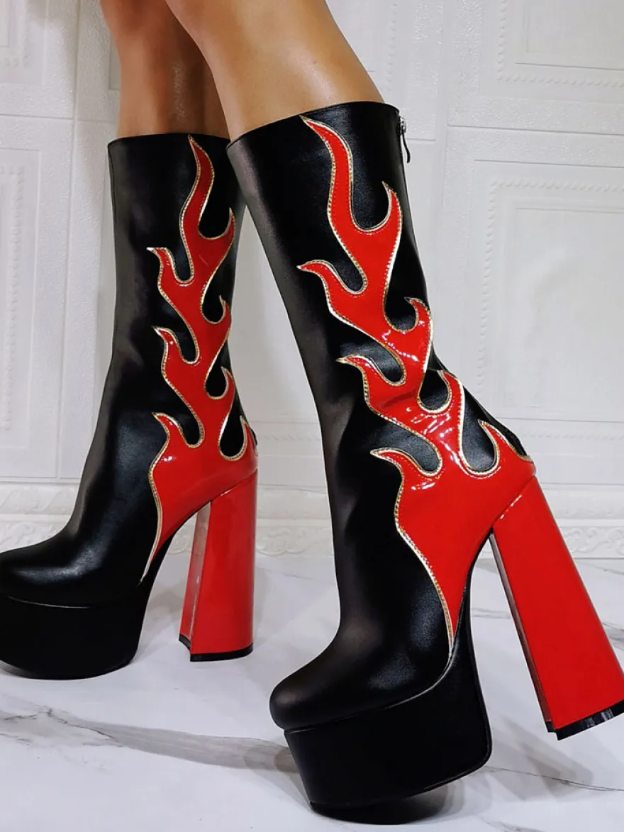 Bottes à Talons Hauts avec Plateforme Imprimés Femme avec Bout Rond Bicolores