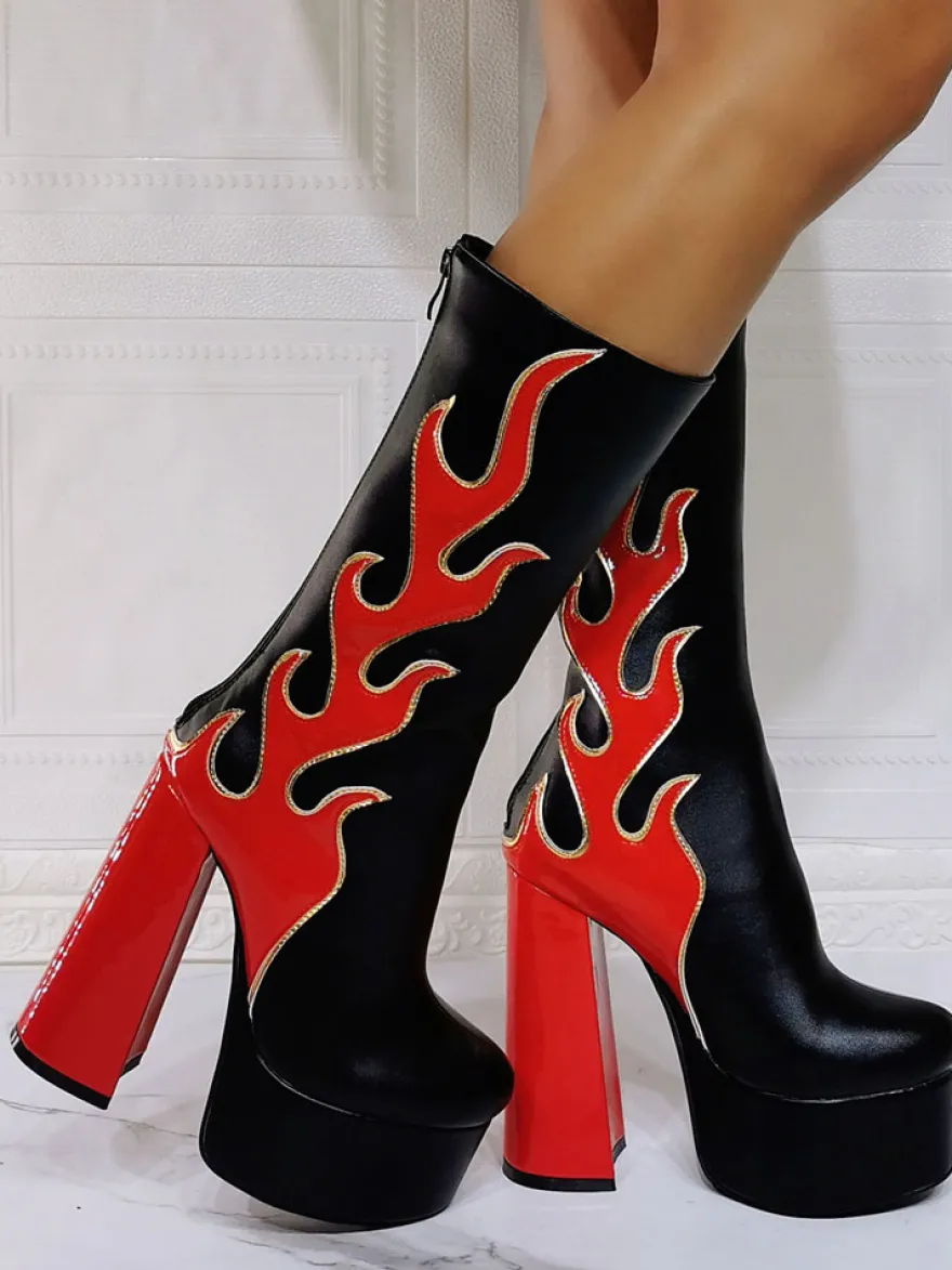 Bottes à Talons Hauts avec Plateforme Imprimés Femme avec Bout Rond Bicolores