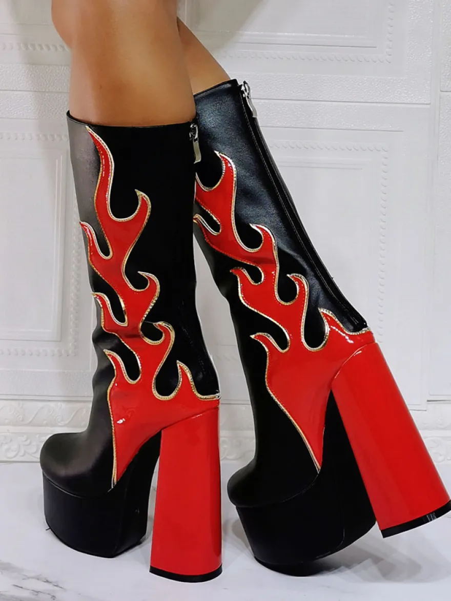 Bottes à Talons Hauts avec Plateforme Imprimés Femme avec Bout Rond Bicolores