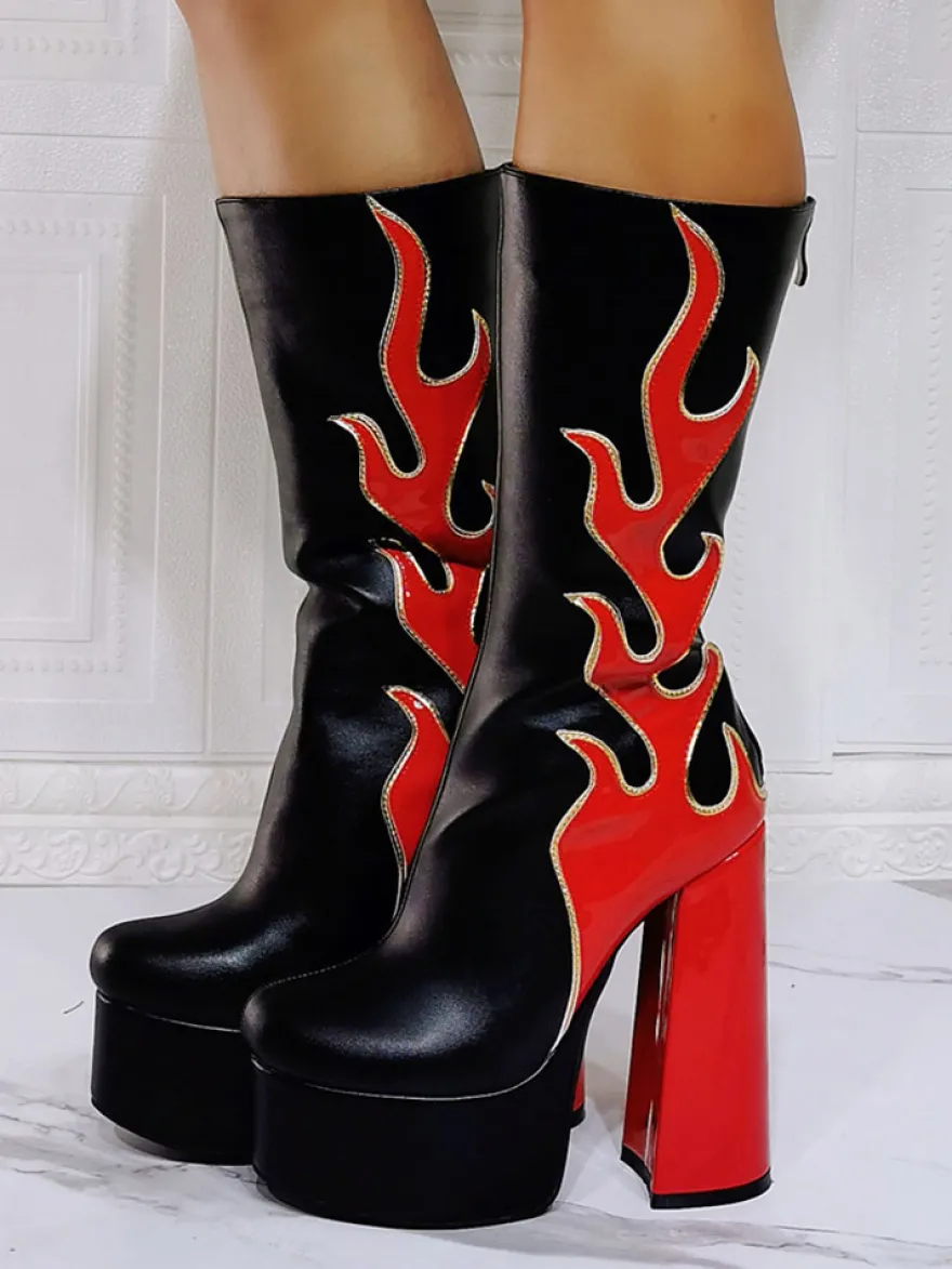 Bottes à Talons Hauts avec Plateforme Imprimés Femme avec Bout Rond Bicolores