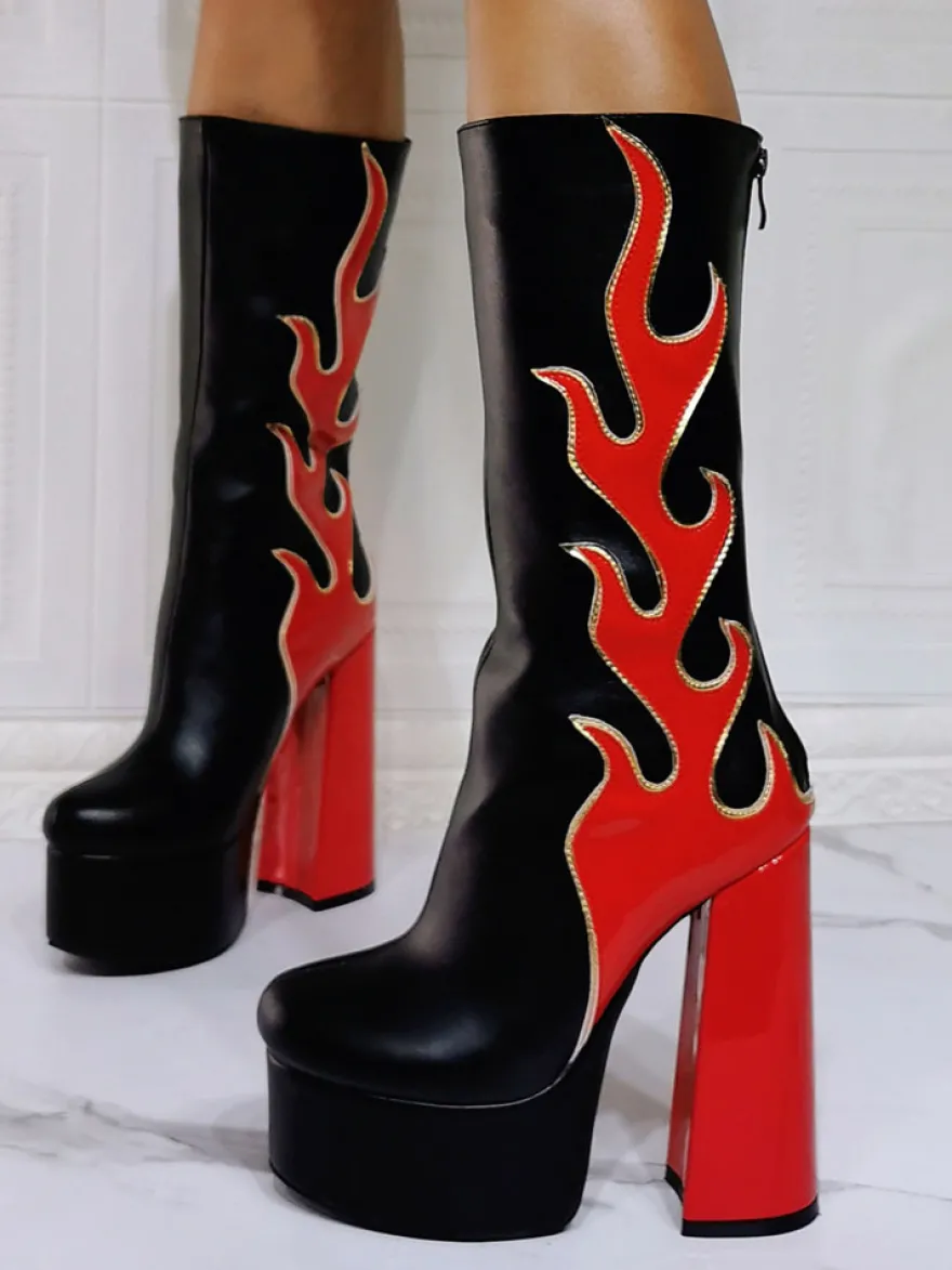 Bottes à Talons Hauts avec Plateforme Imprimés Femme avec Bout Rond Bicolores