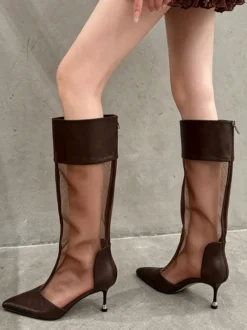 Bottes à talons hauts en maille patchwork à bout pointu jusqu'aux genoux