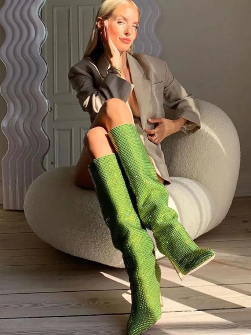 Bottes à Talons Hauts Femme en Cuir Synthétique avec Bout Rond en Paillettes Unicolore