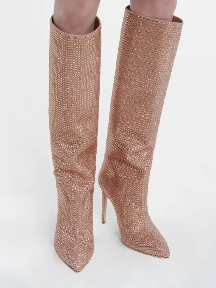 Bottes à Talons Hauts Femme en Cuir Synthétique avec Bout Rond en Paillettes Unicolore