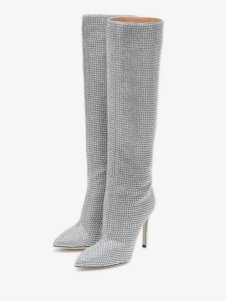 Bottes à Talons Hauts Femme en Cuir Synthétique avec Bout Rond en Paillettes Unicolore