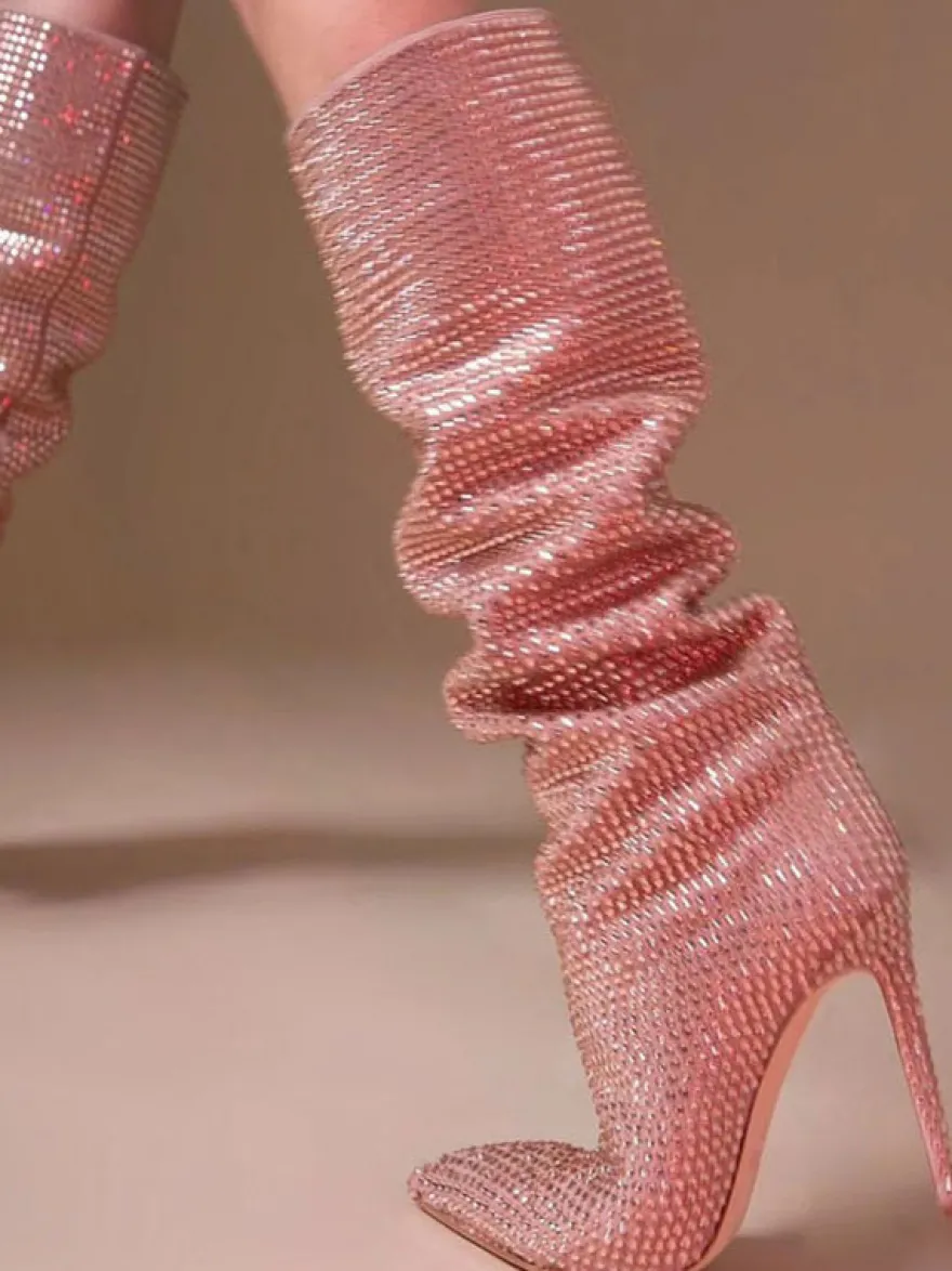 Bottes à Talons Hauts Femme en Cuir Synthétique avec Bout Rond en Paillettes Unicolore
