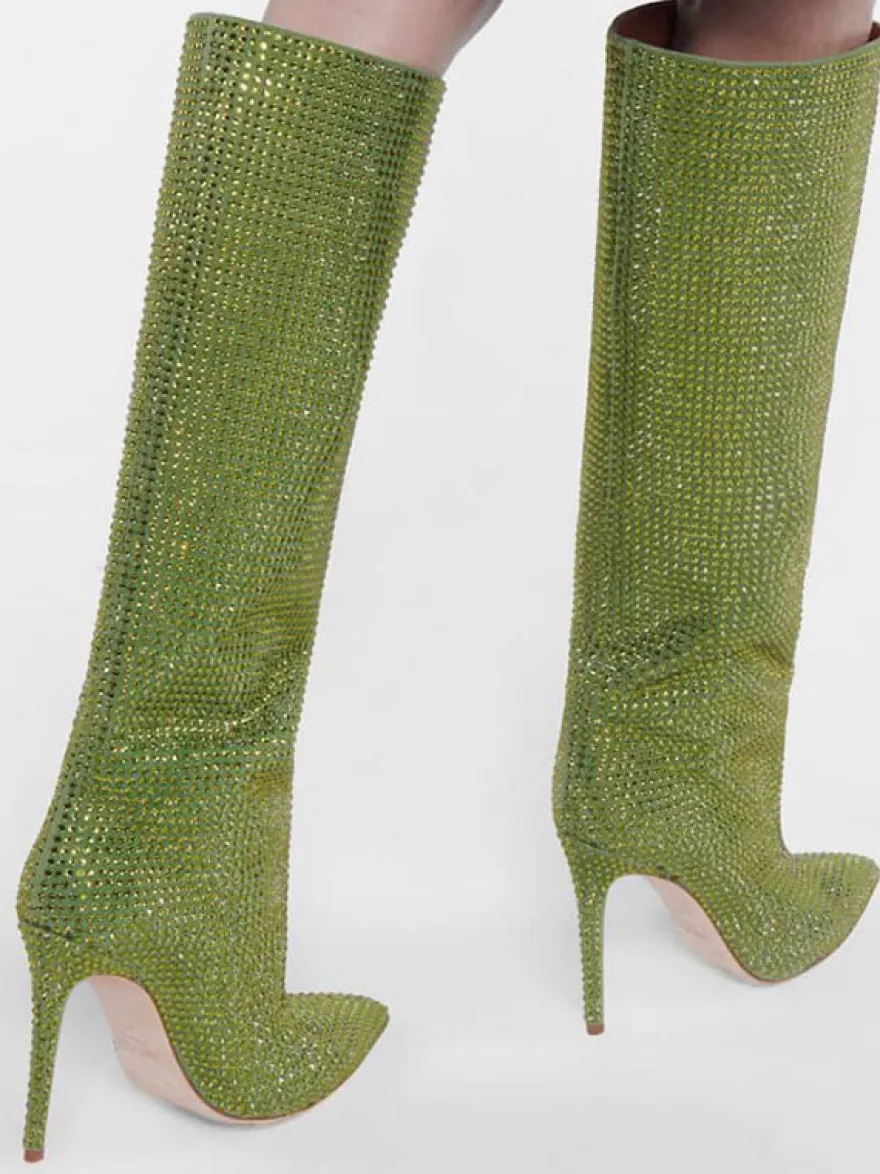 Bottes à Talons Hauts Femme en Cuir Synthétique avec Bout Rond en Paillettes Unicolore