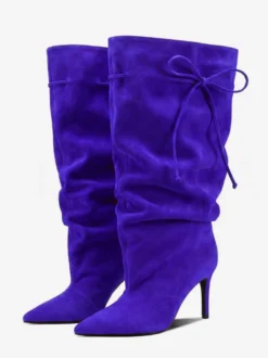 Bottes à talons hauts pour femmes en daim bout pointu nœud mi-mollet souple