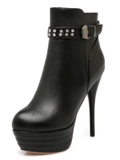 Bottine femme à bout rond et talons aigus en Synthétique unicolore avec strass Boots